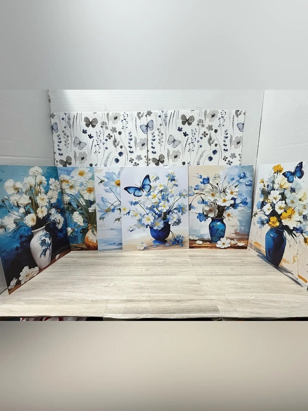 Blue White Floral Prints Set of 5 8x10 Flower Butterfly Wall Art